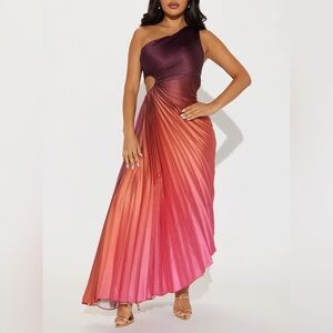 Fashion Nova One-Shoulder Ombre Pleated Gown in Burgundy-to-Pink